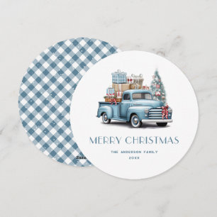 Watercolor Blue Truck En vichy carte de Noël