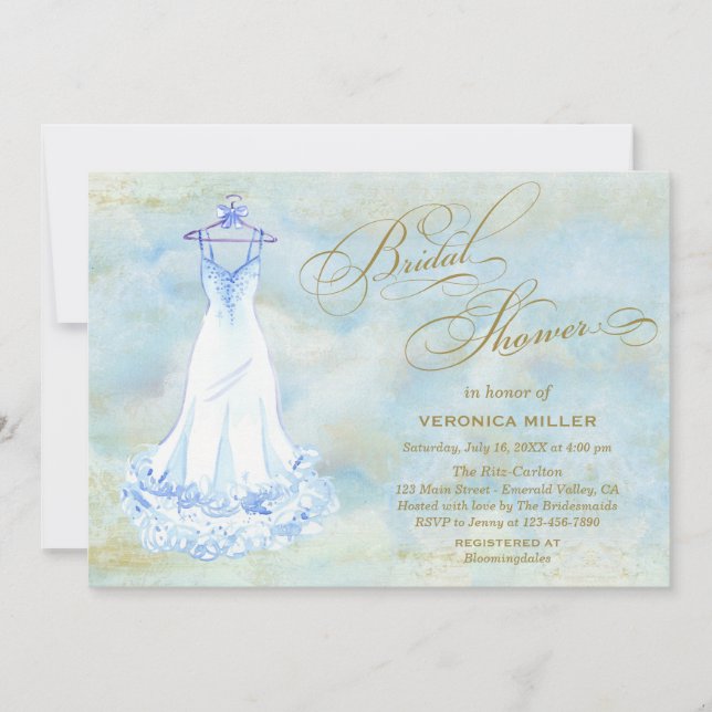 Watercolor Blue Wedding Gown Brautparty Einladung (Vorderseite)