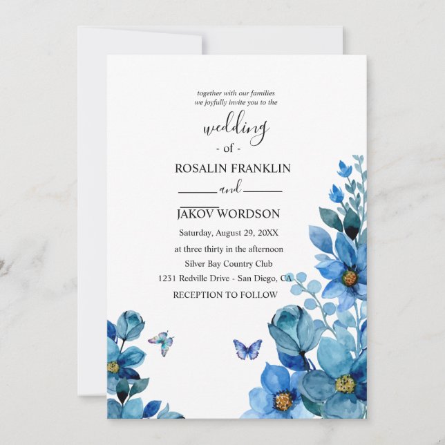 watercolor blue wedding Invitation (Devant)