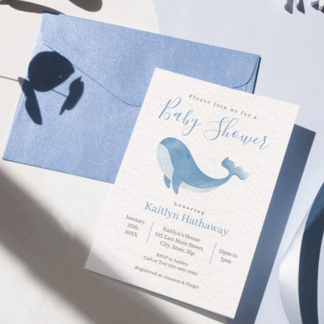 Watercolor Blue Whale Baby shower Invitation (Créateur téléchargé)