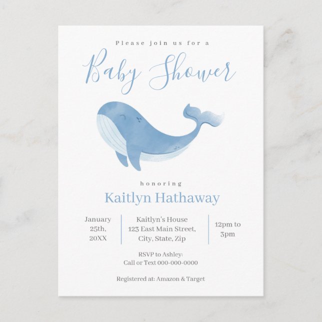 Watercolor Blue Whale Baby shower Invitation (Devant)