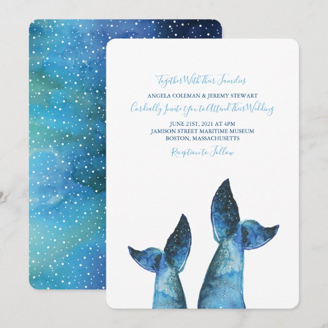 Watercolor Blue Whale Tale Wedding Einladung (Vorne/Hinten)