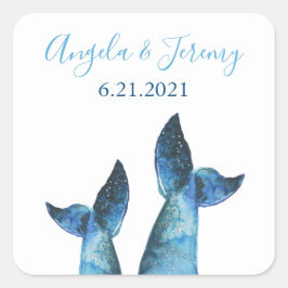 Watercolor Blue Whale Tale Wedding Quadratischer Aufkleber