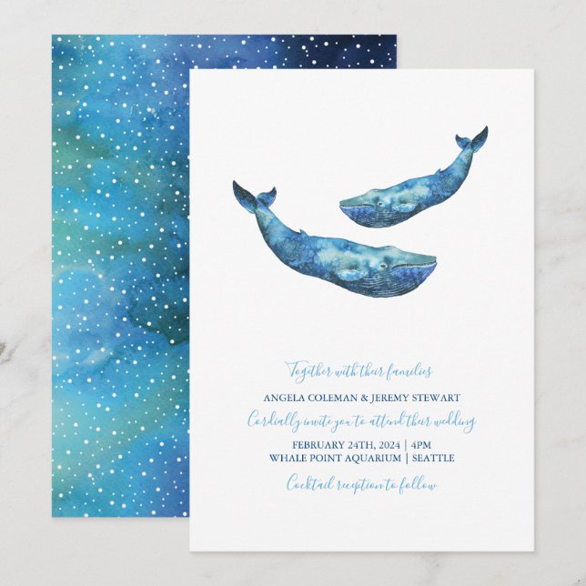 Watercolor Blue Whale Wedding Einladung (Vorne/Hinten)