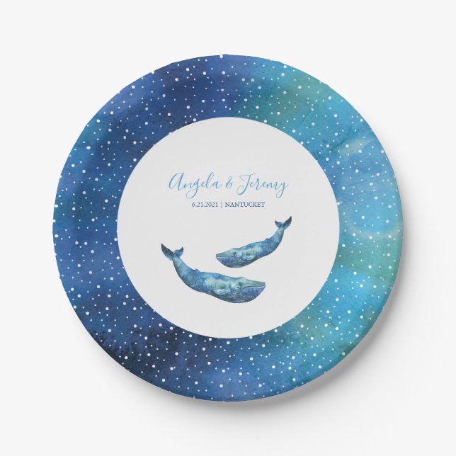 Watercolor Blue Whale Wedding Pappteller (Vorderseite)