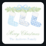 Watercolor Blue & White Christmas Strumpfs Geschen Quadratischer Aufkleber<br><div class="desc">PreppyPrint.com - Feiern Sie Weihnachten im Stil! Fügen Sie Ihre personalisierte Touch hinzu. Übertragen Sie dieses Design auch auf die Produkte Ihrer Wahl! Bitte besuchen Sie meinen Designer-Shop,  PreppyPrint.com,  um die Dinge zu koordinieren.</div>