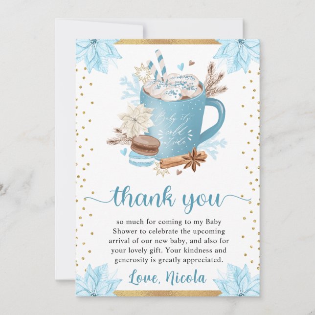 Watercolor Blue Winter Cookies & Cocoa Baby Dusche Dankeskarte (Vorderseite)