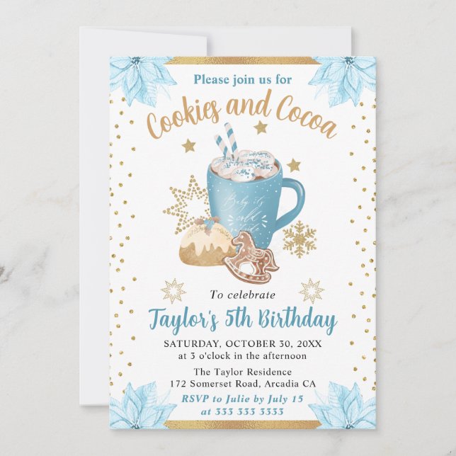 Watercolor Blue Winter Cookies und Kakao Geburtsta Einladung (Vorderseite)
