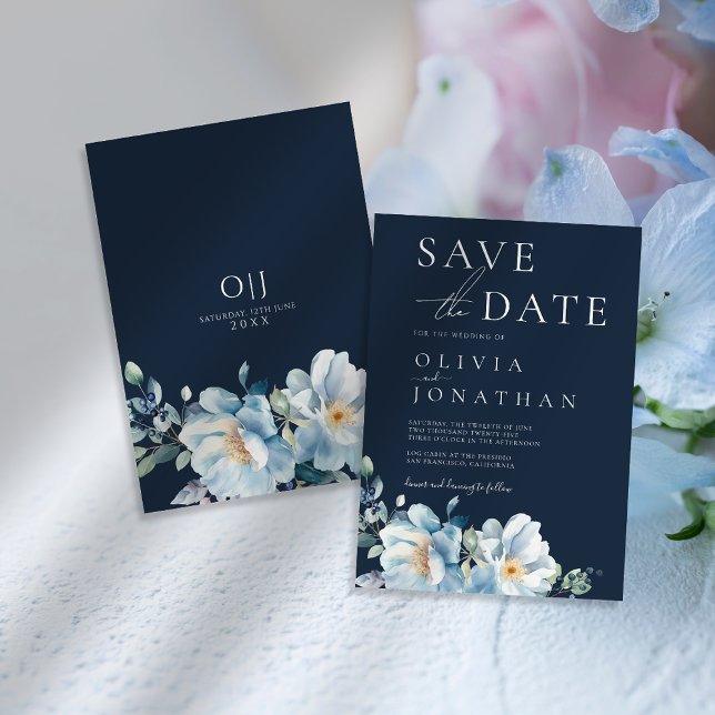 Watercolor Blue Winter Floral Wedding Save The Date (Von Creator hochgeladen)