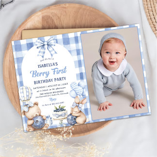 Watercolor Blueberry 1st Birthday Party Photo  Einladung