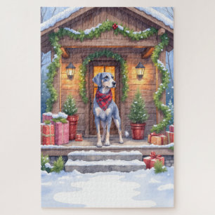 Watercolor-Bluetick-Coonhound-Hütte-Weihnachten