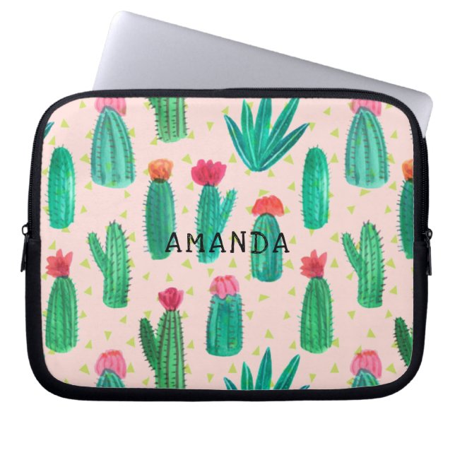 Watercolor-blühendes Kaktus-Muster personalisiert Laptopschutzhülle (Vorderseite)