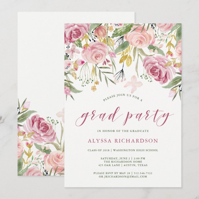Watercolor blüht Rosa und GoldAbschluss-Party Einladung (Vorne/Hinten)