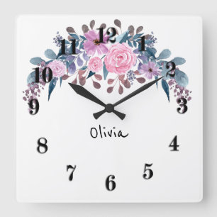 Watercolor-Blume retro Vintages Rosa Blumenwreath Quadratische Wanduhr
