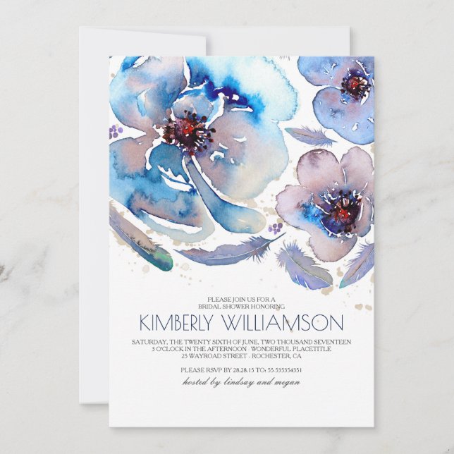 Watercolor-Blumen blaues Boho Brautparty Einladung (Vorderseite)