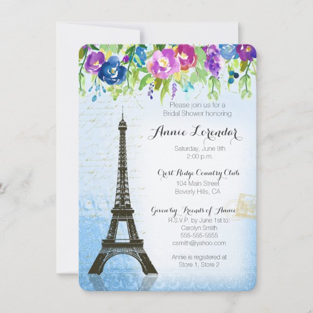 Watercolor-Blumen-Paris-Brautparty-Einladung Einladung (Vorderseite)
