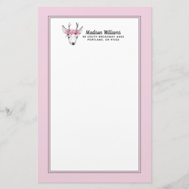 Watercolor-Blumen-Rotwild | addieren Ihren Namen Briefpapier (Vorderseite)