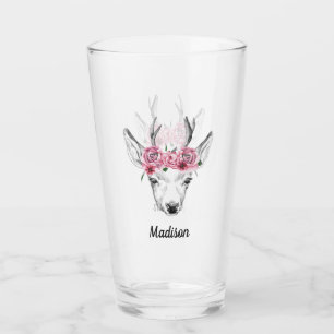 Watercolor-Blumen-Rotwild addieren Ihren Namen Glas