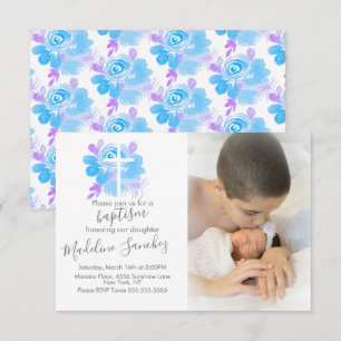 Watercolor-Blumen-Taufkreuz-Baby-Einsegnung Einladung