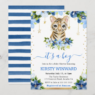 Watercolor-Blumen-Tigerjunges-Jungen-Baby-Party Einladung