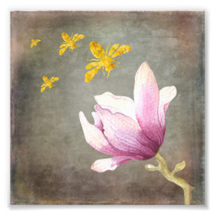 Watercolor-Blumen-u. Goldbienen Fotodruck