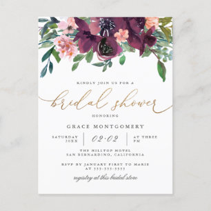Watercolor-Blumen u. GoldGlitzer-Brautparty Einladungspostkarte