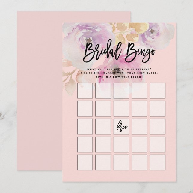 Watercolor-BlumenBrautparty-Bingo-Spiel Einladung (Vorne/Hinten)
