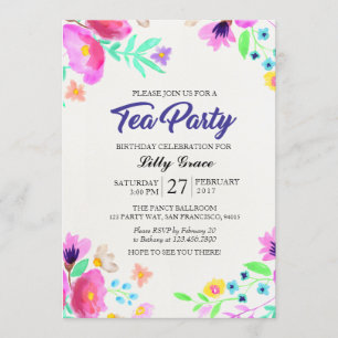 Watercolor-Blumengeburtstags-Tee-Party Einladung