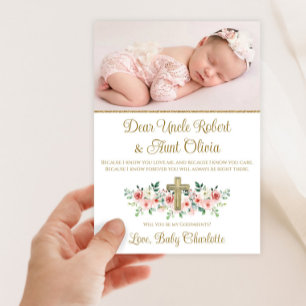 Watercolor-Blumenkreuz-Taufpatin für Baby Mädchen Einladung