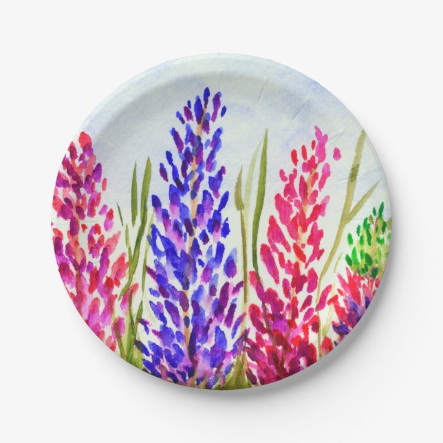 Watercolor-Blumenkunstlupine-Wildblumen-Rosa Pappteller (Vorderseite)