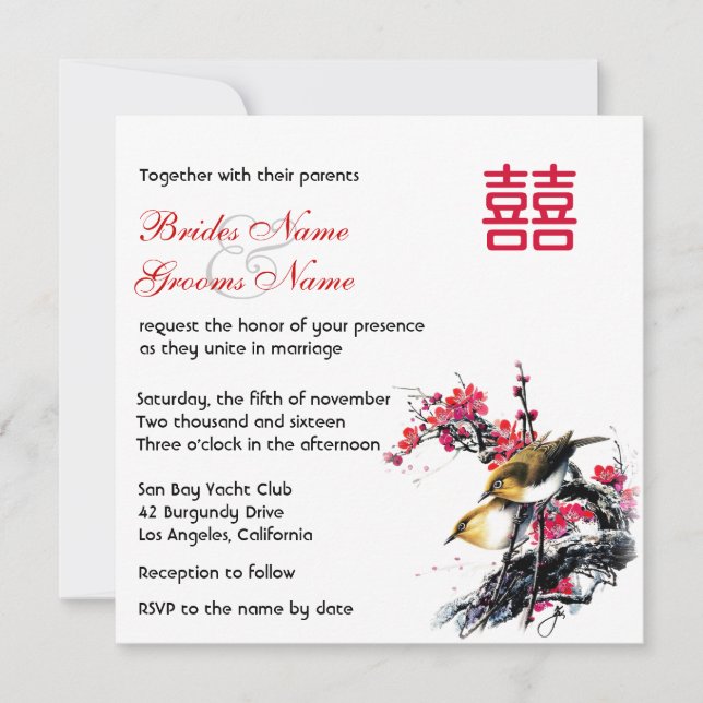 Watercolor-BlumenLiebe-Vogel-Chinese XI Wedding Einladung (Vorderseite)