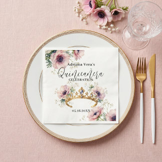 Watercolor Blush Anemones Gold Tiara Quinceañera Serviette