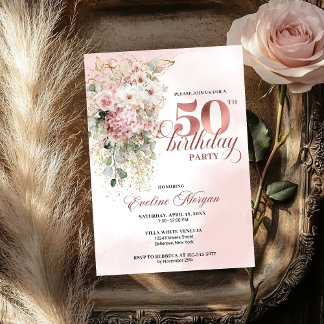 Watercolor Blush Florals Greenery 50th Birthday Einladung