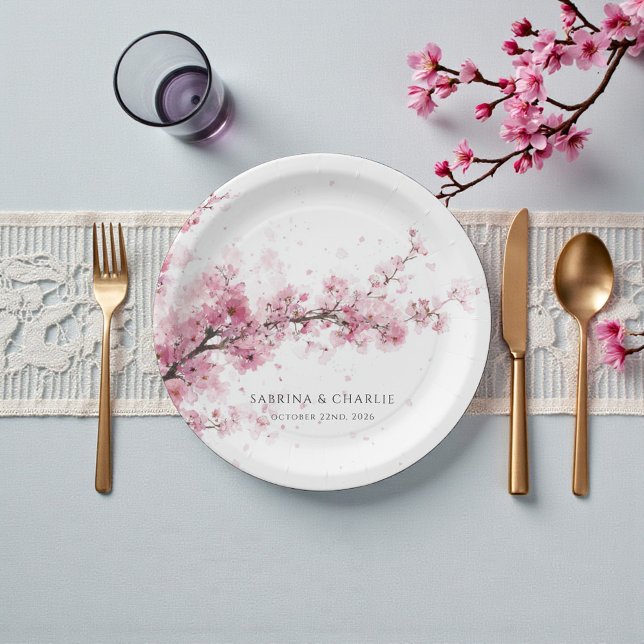 Watercolor Blush Pink Cherry Blossom Wedding Pappteller (Watercolor Blush Pink Cherry Blossom Wedding Paper Plates)