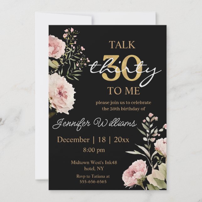 watercolor blush pink roses 30th birthday black einladung (Vorderseite)