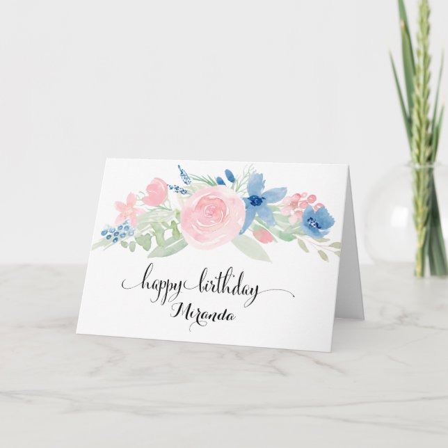 Watercolor Blush Pink Roses Happy Birthday Karte (Vorderseite)