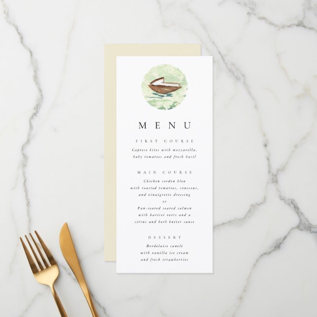 Watercolor Boat Boat Mariage Menu (Devant/Arrière en situation)