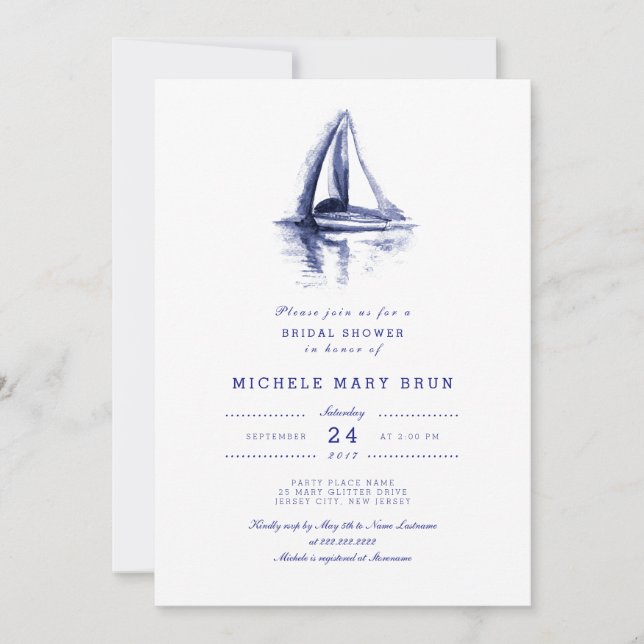 Watercolor Boat Navy Blue Brautparty laden Einladung (Vorderseite)
