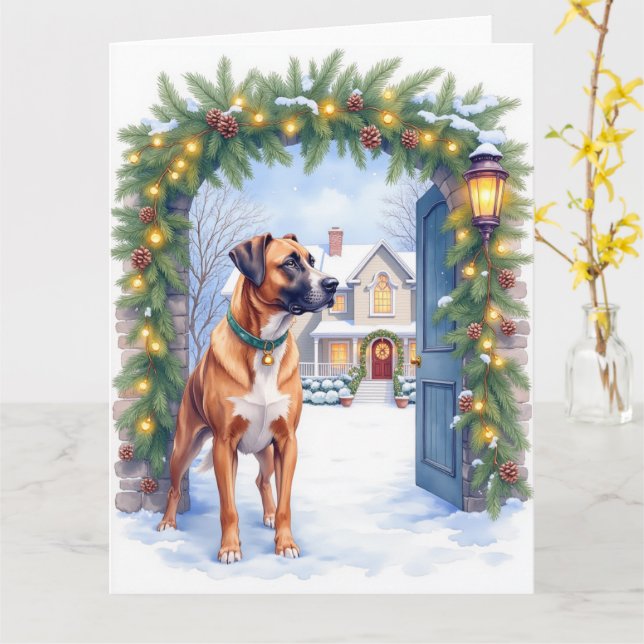 Watercolor Boerboel Farmhouse Gate Christmas Karte (Gelbe Blume)