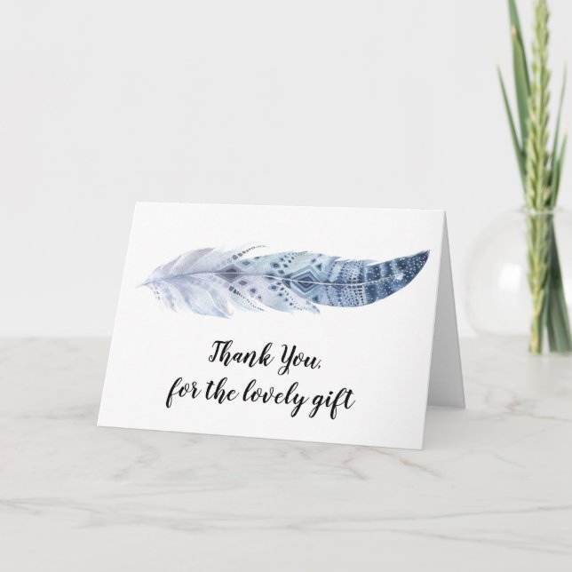 Watercolor Boho Blue Feather - Danke Karte (Vorderseite)