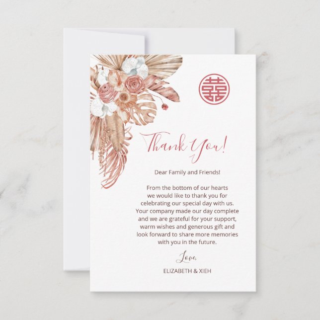 Watercolor Boho Blume Chinesische Hochzeit Dankeskarte (Vorderseite)