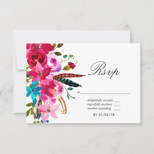 Watercolor Boho Chic Floral Wedding RSVP (Vorderseite)
