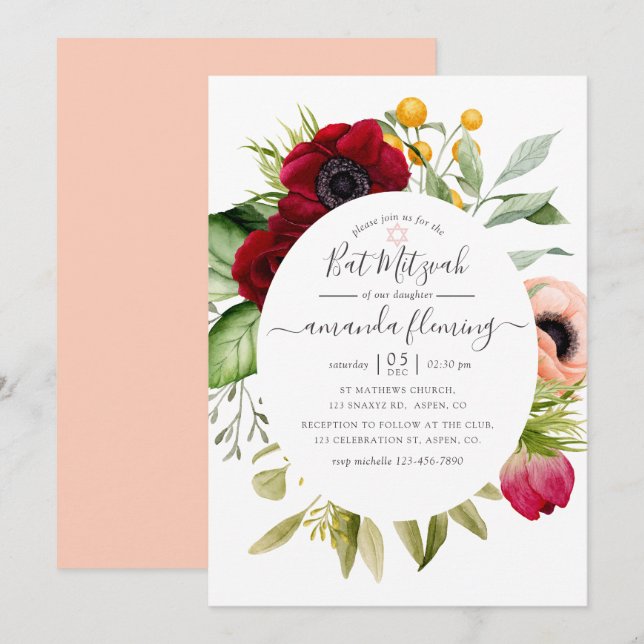 Watercolor Boho Floral Bat Mitzvah Einladung (Vorne/Hinten)