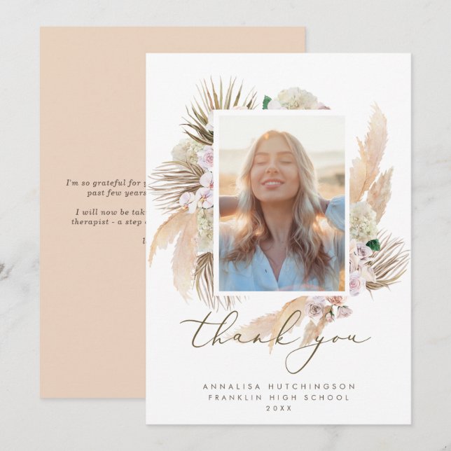 Watercolor Boho Foto Abschluss Vielen Dank Dankeskarte (Vorne/Hinten)