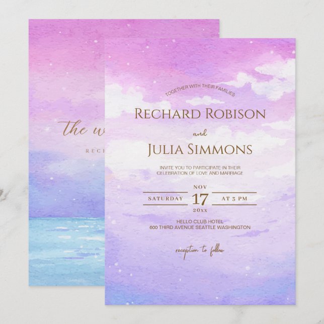 Watercolor Boho Lila Pink Sky Einladung zur Hochze (Vorne/Hinten)