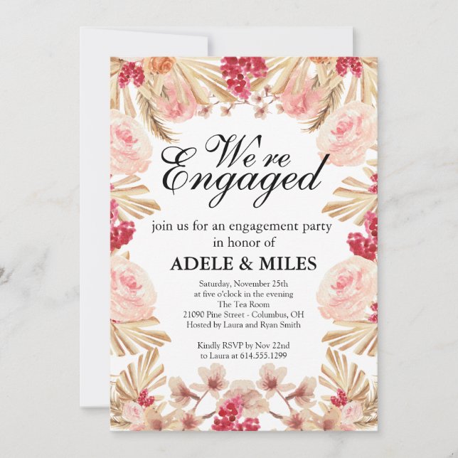 Watercolor Boho Pampas Grass Engagement Party Einladung (Vorderseite)