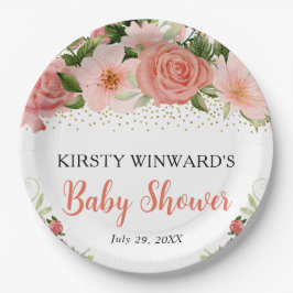 Watercolor Boho Pink Roses Boho Babydusche Pappteller