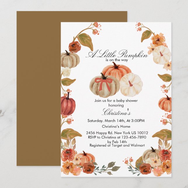 Watercolor Boho Pumpkin Babydusche Einladung (Vorne/Hinten)
