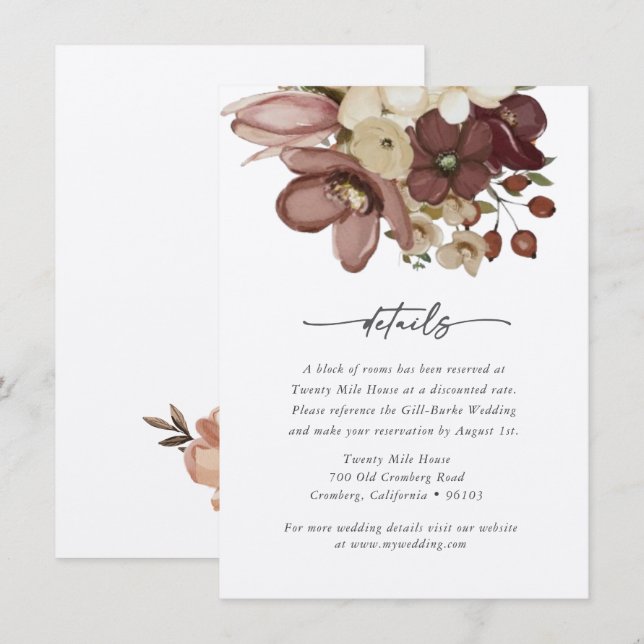 Watercolor Boho Rose & Neutral Wedd Details Card Mitteilungskarte (Vorne/Hinten)