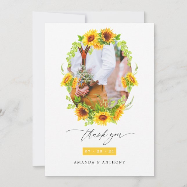 Watercolor Boho Sonnenblumen Hochzeitsstift Foto Dankeskarte (Vorderseite)